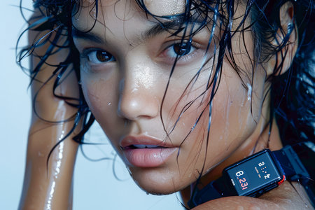 Close up Portrait of a Young Woman with Wet Hair and Glowing Skin Wearing a Smartwatch Showing Time AI Generativeの素材