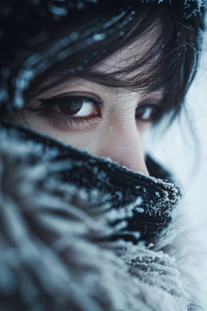 Close Up of a Woman's Eye Peeking Through Winter Scarf with Snowflakes AI Generativeの素材