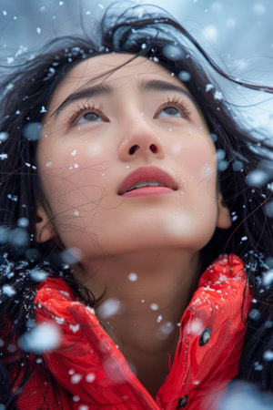 Young Woman in Red Jacket Gazing Upwards as Snowflakes Fall Gently Around Her, Expressing Wonder and Serenity AI Generativeの素材