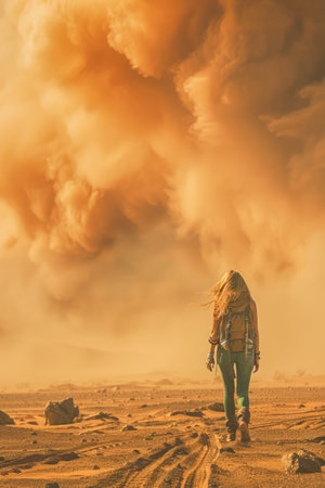 Lone Adventurer Walking in an Apocalyptic Desert Landscape with Dramatic Sky AI Generativeの素材
