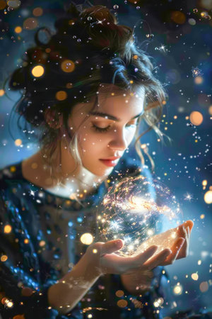 Enchanted Young Woman with Magic Glowing Lights in Hands, Fantasy Portrait with Bokeh Effect, Mystical Night Concept AI Generativeの素材