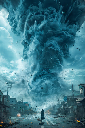 Apocalyptic Scene of Person Facing a Massive Tornado Disaster in a Destroyed Cityscape AI Generativeの素材