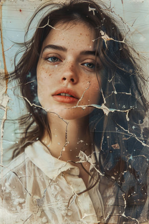 Artistic Portrait of Young Woman Behind Textured Glass with Natural Light and Serene Expression AI Generativeの素材