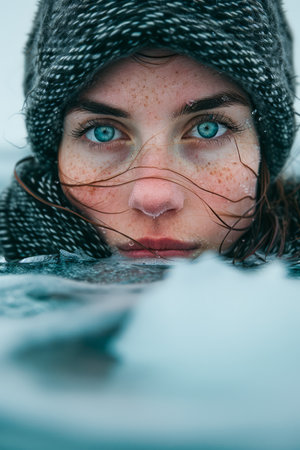 Close up Portrait of a Woman with Striking Green Eyes and Freckles Wearing a Knitted Hat in Snowy Weather AI Generativeの素材