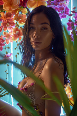 Exotic Beauty Posing with Vibrant Tropical Flowers and Lush Greenery in a Dreamy Ethereal Atmosphere AI Generativeの素材