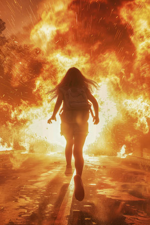 Dramatic Silhouette of a Person Running Towards a Fiery Explosion with Intense Flames and Sparks AI Generativeの素材
