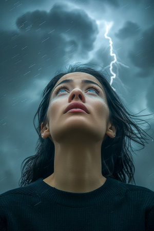 Dramatic Portrait of a Young Woman Gazing Upwards at the Stormy Sky with Lightning Strike in the Background AI Generativeの素材