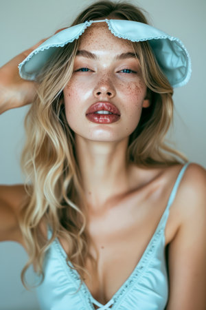 Portrait of a Young Woman with Freckles Wearing a Light Blue Slip Dress and Sun Hat Indoors, Natural Beauty Concept AI Generativeの素材