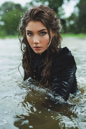 Mysterious Young Woman with Intense Gaze Emerging from Water in Dark Elegant Attire Amidst Nature AI Generativeの素材