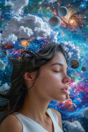 Surreal Portrait of Young Woman with Cosmic Galaxy Hair Dreamscape, Colorful Universe Mind Concept AI Generativeの素材