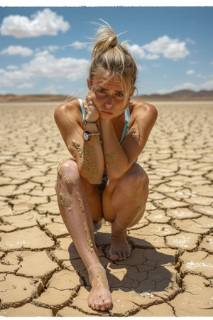 Young Woman Sitting Thoughtfully on Dry Cracked Earth, Pondering Environmental Issues, Climate Change Concept, Drought Landscape AI Generativeの素材