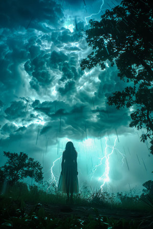 Silhouette of a Person Standing Under Dramatic Lightning Storm in Night Sky with Torrential Rain AI Generativeの素材