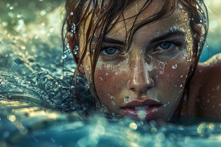 Close Up Portrait of a Young Woman Swimming in Crystal Clear Water with Sunlight Reflecting, Intense Gaze AI Generativeの素材