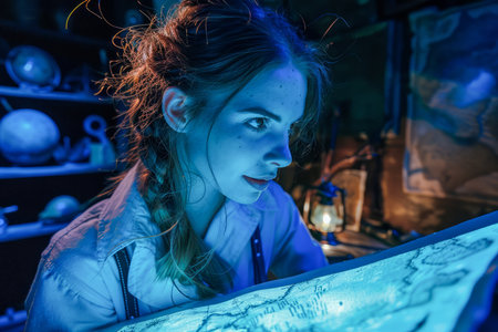 Young Woman Analyzing Antique Map in Dimly Lit Room with Mysterious Ambiance and Historical Artefacts AI Generativeの素材