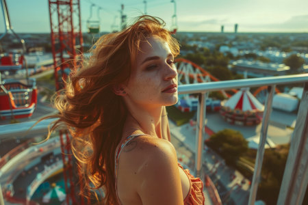 Young Woman Enjoying Golden Sunset at Amusement Park, Ferris Wheel Background, Leisure Concept AI Generativeの素材