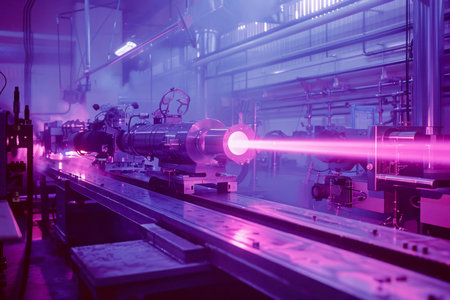 Futuristic Industrial Facility with Violet Laser Beam and Precision Equipment in Manufacturing Process AI Generativeの素材