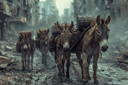 Apocalypse Survival Scene with Pack of Donkeys Carrying Supplies on Desolate City Streets AI Generativeの素材