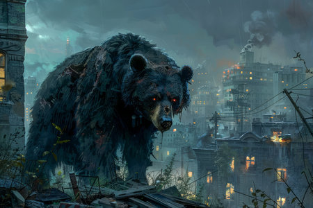Majestic Giant Bear Overlooking a Futuristic Dystopian Cityscape at Nighttime Fantasy Concept Art AI Generativeの素材