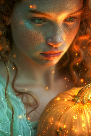 Enchanted Autumn Portrait of a Young Red Haired Woman with Freckles and a Glowing Pumpkin in Warm Light AI Generativeの素材