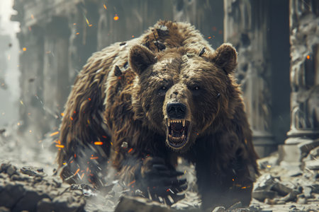 Fierce Grizzly Bear Roaring Amidst Smoldering Ruins, Post Apocalyptic Wildlife Survival Scene, Dramatic Wild Animal AI Generativeの素材