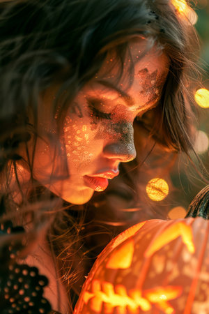 Enchanting Young Woman with Glitter Makeup Holding a Carved Pumpkin in Warm Ambient Light AI Generativeの素材