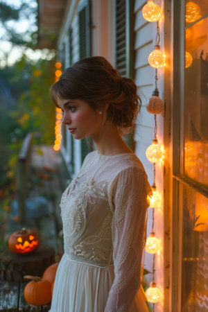 Elegant Woman in Vintage Dress Posing Beside Window with Halloween Pumpkin and Fairy Lights at Twilight AI Generativeの素材