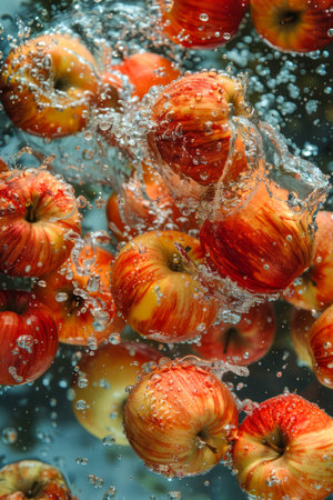 Fresh Apples Splashing in Water with Vibrant Colors and Dynamic Motion, High Quality Image for Healthy Eating and Agriculture Concepts AI Generativeの素材