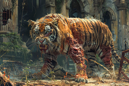 Majestic Tiger Roaming Ruins in Sunlight, Intense Wildlife Scene with Exotic Animal in Abandoned City Setting AI Generativeの素材