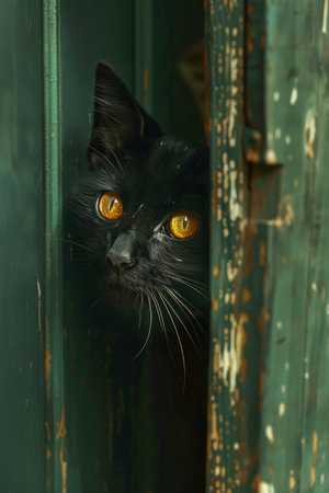 Mysterious Black Cat Peering Through Green Weathered Doorway, Intense Golden Eyes in Urban Setting AI Generativeの素材