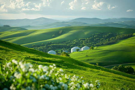 Picturesque Rolling Green Hills Landscape with Vibrant Farmland and White Farm Buildings in Lush Valley at Sunset AI Generativeの素材
