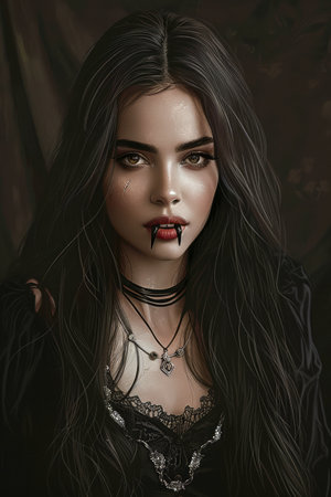 Mysterious Gothic Woman with Dark Hair and Piercing Eyes in Dramatic Portrait Ideal for Fantasy and Horror Themes AI Generativeの素材