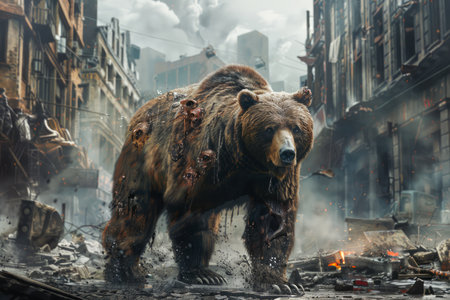 Majestic Brown Bear Roaming Through an Apocalyptic Urban Wasteland, Symbolizing Nature Reclaiming Ruins AI Generativeの素材