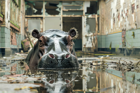 Surreal Hippopotamus in Abandoned Urban Building, Wild Animal in Decaying Structure Reflection AI Generativeの素材