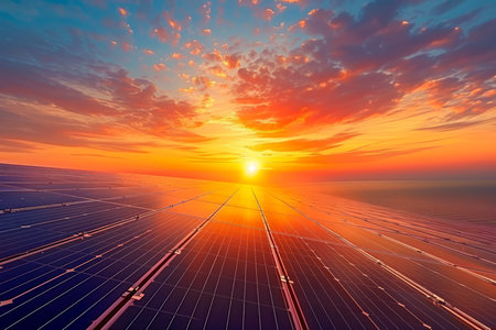 Majestic Sunset Horizon Over Endless Solar Panel Field Sustainable Energy Concept with Beautiful Sky AI Generativeの素材