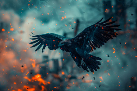 Majestic Black Raven Flying Amidst Fiery Sparks Against a Moody Blue Sky, Symbolic Artistic Nature Shot AI Generativeの素材