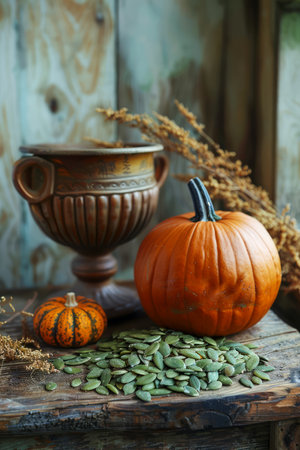 Rustic Autumn Composition with Pumpkin, Antique Bowl, and Dried Wheat on Wooden Background for Fall Decor AI Generativeの素材