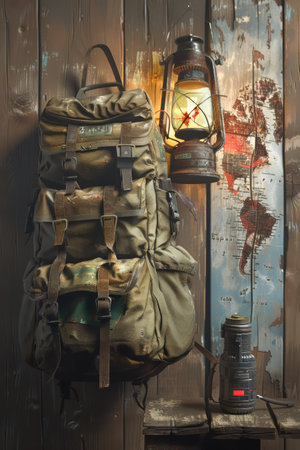 Vintage Military Backpack and Illuminated Lantern Against Rustic Wooden Wall Classic Adventure and Exploration Equipment Concept AI Generativeの素材