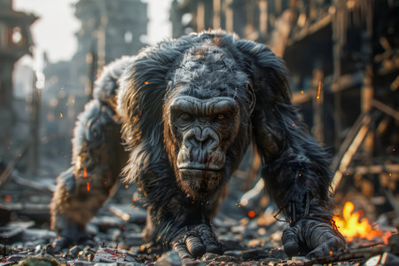 Majestic Gorilla Rises from the Ashes in Post Apocalyptic Scene, a Symbol of Strength and Resilience AI Generativeの素材