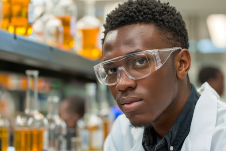 Young African American Male Scientist Focused on Research in Modern Chemistry Laboratory AI Generativeの素材