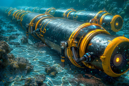 Underwater Ocean Scene with Futuristic Industrial Pipeline Equipment in a Deep Sea Environment AI Generativeの素材