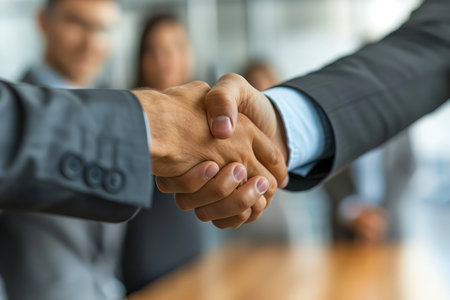 Professional Business Handshake in Office Setting, Close up View of Handshaking Agreement with Blurred People Background AI Generativeの素材