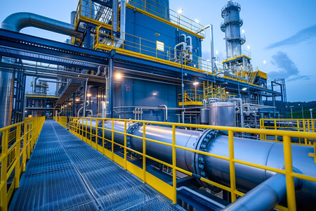 Modern Industrial Gas Processing Plant with Pipelines and Towers During Twilight AI Generativeの素材