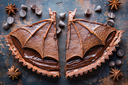 Delicious Homemade Chocolate Tart Served on Rustic Metal Background with Anise and Coffee Beans AI Generativeの素材