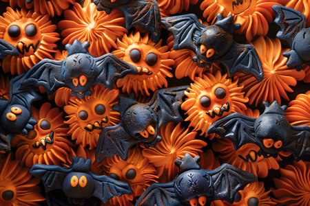 Festive Halloween Background with Vibrant Orange and Black Spooky Toy Spiders Decoration Pattern AI Generativeの素材