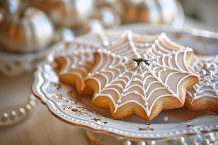 Elegant Halloween Spiderweb Cookies on Vintage Plate with White Pumpkin Decor in Soft Light AI Generativeの素材