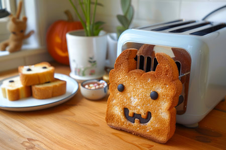 Cute Halloween Themed Toast Popping Out of Toaster on Kitchen Counter with Pumpkin Decorations AI Generativeの素材