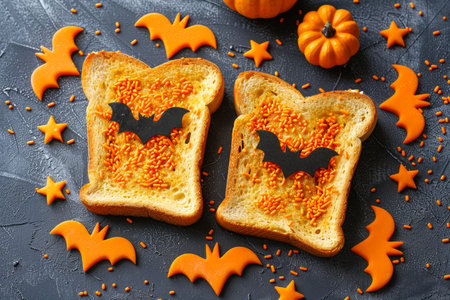 Halloween Themed Breakfast Toast with Pumpkin Sprinkles and Bat Shapes on Dark Slate Background AI Generativeの素材