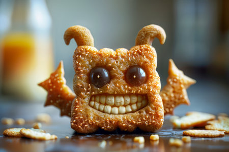 Creative Monster Shaped Cookie with Bat Wings and Horns on a Kitchen Table with Crumbs and Orange Juice Background AI Generativeの素材