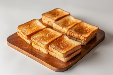 Perfectly Toasted Golden Brown Sliced Bread on Wooden Serving Board Isolated on White Background AI Generativeの素材