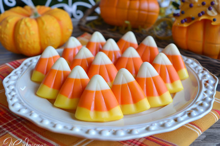 Festive Halloween Candy Corn Arrangement on Decorative Autumn Plate with Pumpkins in Background AI Generativeの素材